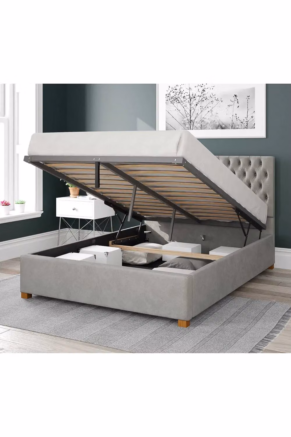Aspire Nightingale Upholstered Ottoman Storage Bed in Grey Velvet Fabric, W/D/H: 160 x 180 x 35 cm – 2