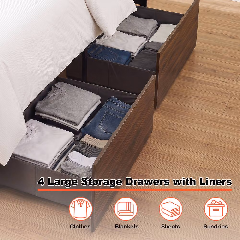 Costway King Size Bed Frame in Brown with LED Lights, USB Charging Port and Storage Drawers, W/D/H: 180 x 200 cm – 7
