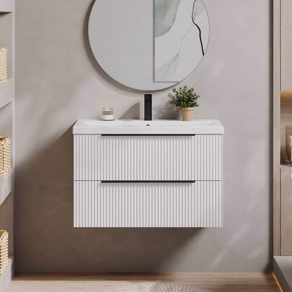 Balterley Fluted Front Wall Hung 2 Drawer Vanity Basin Unit, Satin White, W: 80 cm – 2