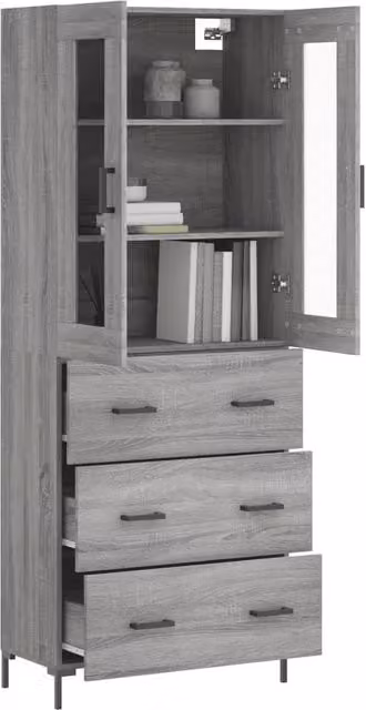 Berkfield Home Grey Sonoma Highboard with Glass Doors and Internal Shelves, W/D/H: 69.5 x 34 x 180 cm – 1