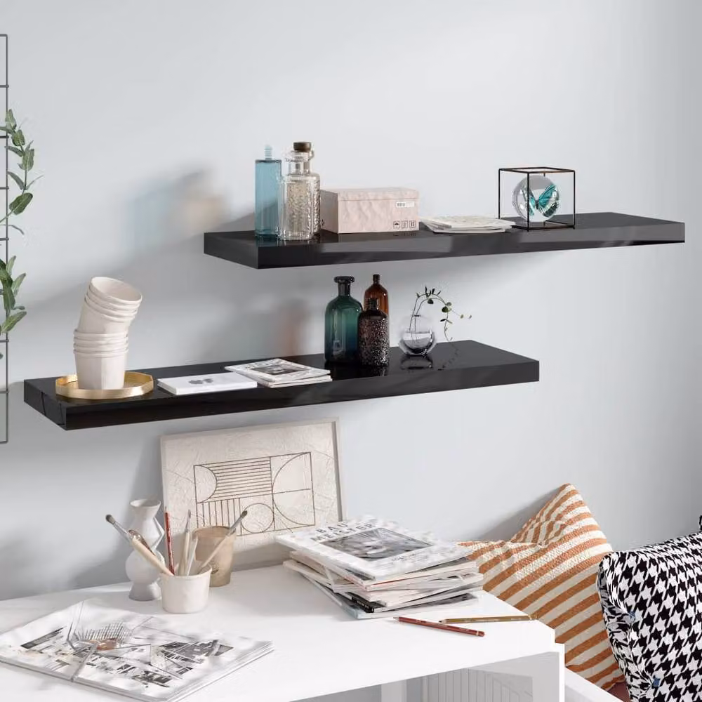 Berkfield Home Set of 2 Floating Wall Shelves in High Gloss Black, W: 90 cm, D: 23.5 cm, H: 3.8 cm – 2
