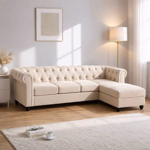 Sofaya Hampton 4 Seater L Shape Chesterfield Sofa in Cream Velvet with Right Hand Chaise