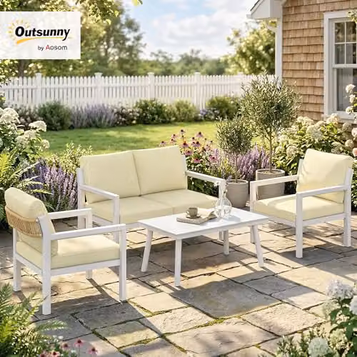 Outsunny 4 Seater Rattan Garden Furniture Set with Cushions in Beige and White – 2
