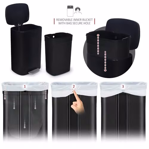 NETTA 50L Stainless Steel Kitchen Pedal Bin in Black with Soft Close Lid and Removable Inner Bucket – 5