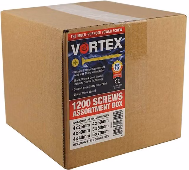 Vortex Yellow Galvanised Multi-Purpose Wood Screws, 1200 Pieces