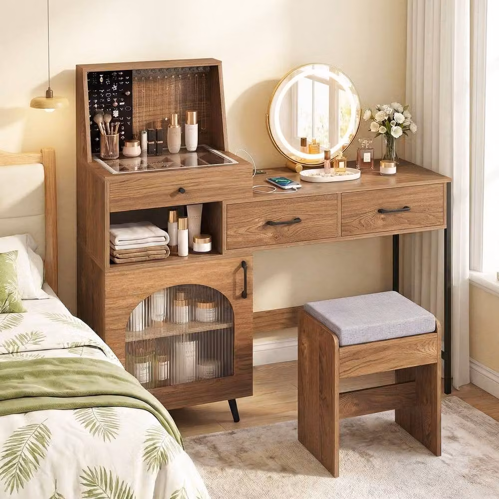 Costway Modern Makeup Vanity Table Set with Hollywood LED Mirror, Stool and Glass Top in Natural Brown and Beige – 2