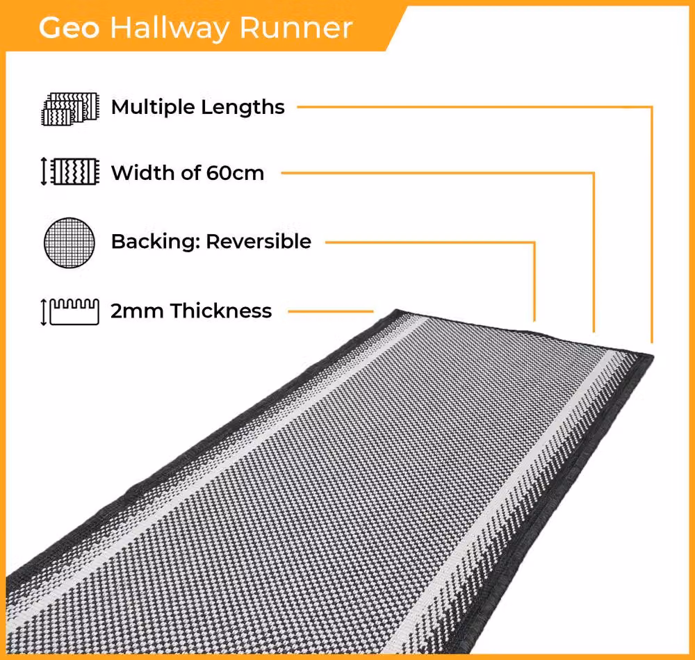 runrug Geo Reversible Indoor/Outdoor Carpet Runner Rug in Black, W: 60 cm, L: 180 cm – 2