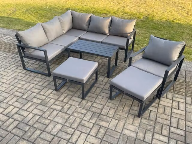 Fimous Dark Grey Aluminium Outdoor Garden Furniture Set with 2-Seater Sofa, Armchair, Coffee Table and 2 Ottomans
