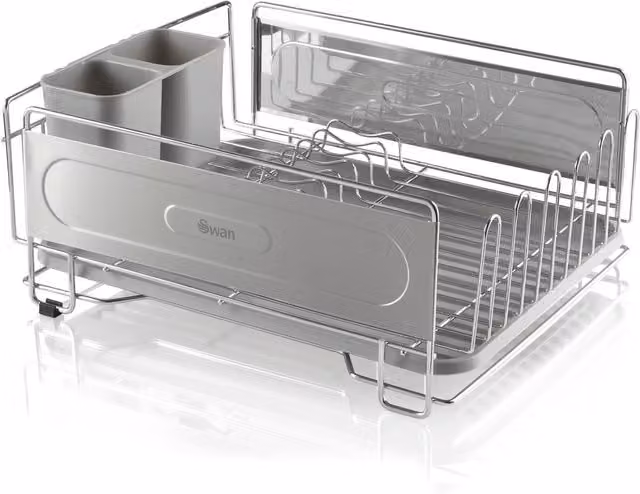 Swan Grey Metal Rectangular Dish Rack with Cutlery Holder, Cup Holder and Drip Tray