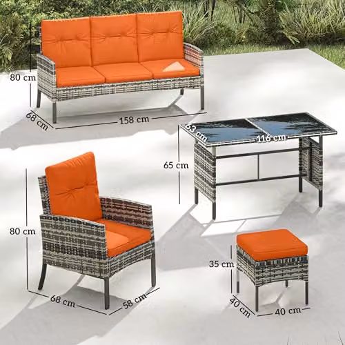 Outsunny 6 Piece Rattan Garden Furniture Set with Orange Upholstered Cushions and Powder Coated Steel Frame – 7