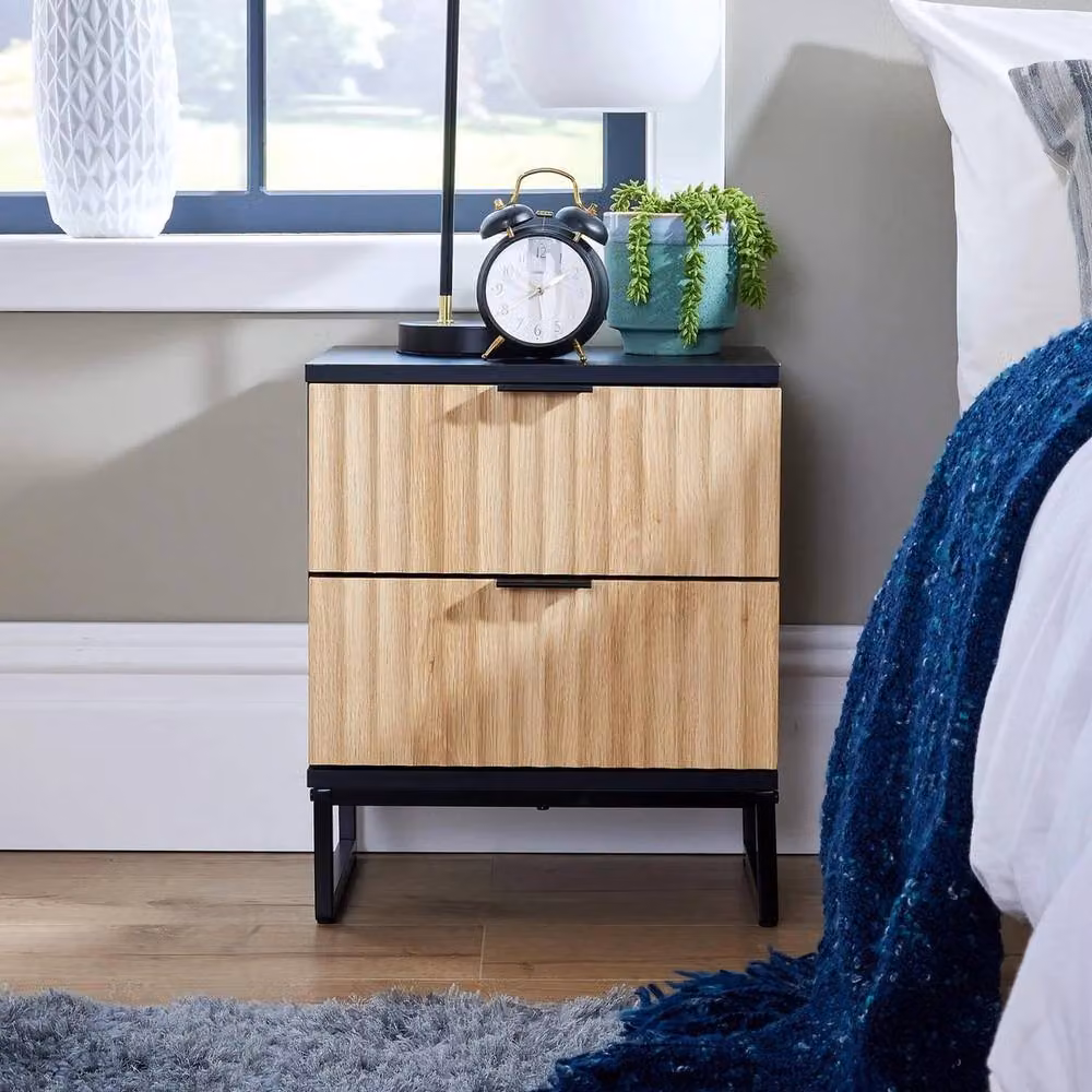 VOGREX Modern Black Wood Drawer Bedside Cabinet Bedroom Organiser – 3