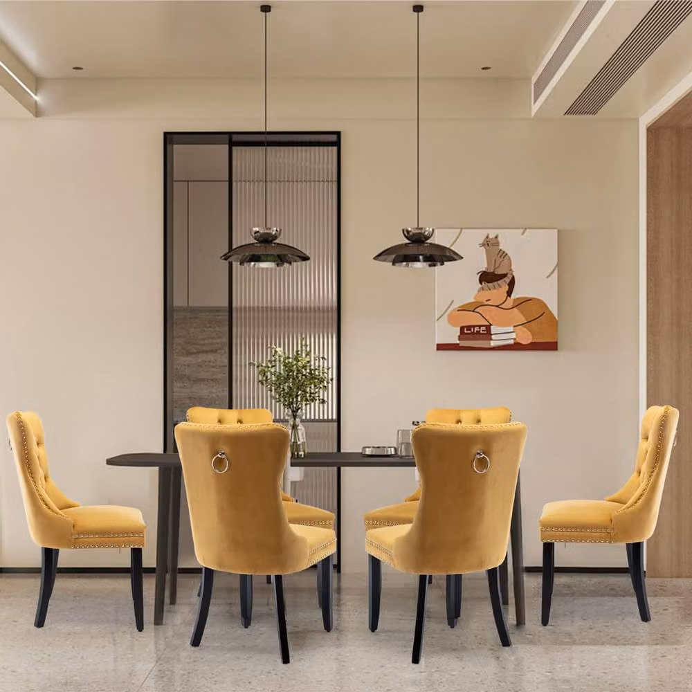 HomeTouch Romsey Set of 6 Yellow Velvet Upholstered Dining Chairs with Oak Legs and Knocker Ring Back – 6