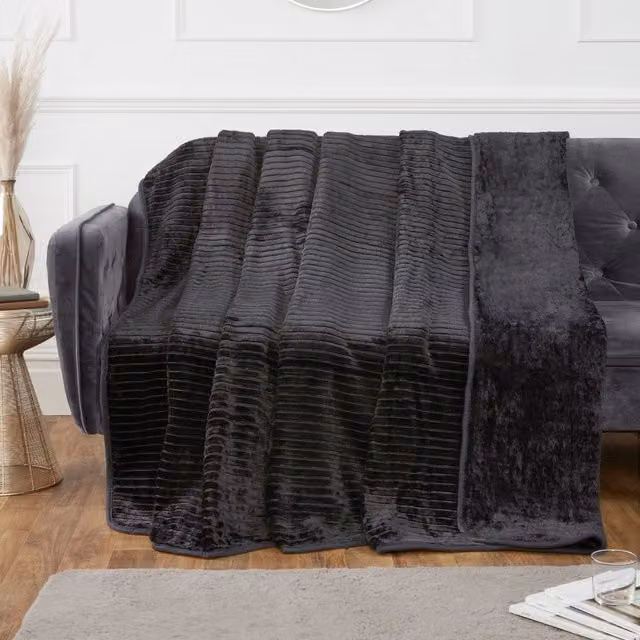 Rapport Black Ribbed Faux Fur Polyester Super Soft Cosy Throw