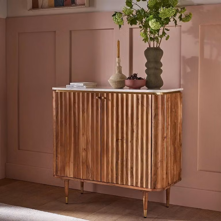 Atkin & Thyme Flute Mid-Century Freestanding Drinks Cabinet in White and Brown Acacia Wood with Marble Top