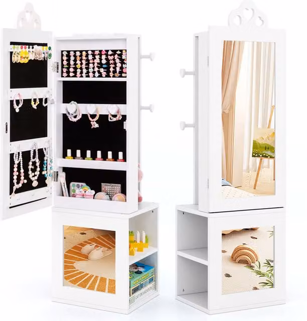 Costway Kids 3-in-1 Jewelry Armoire and Storage Organiser with Mirror in White, H 117.0 x W 34.0 cm