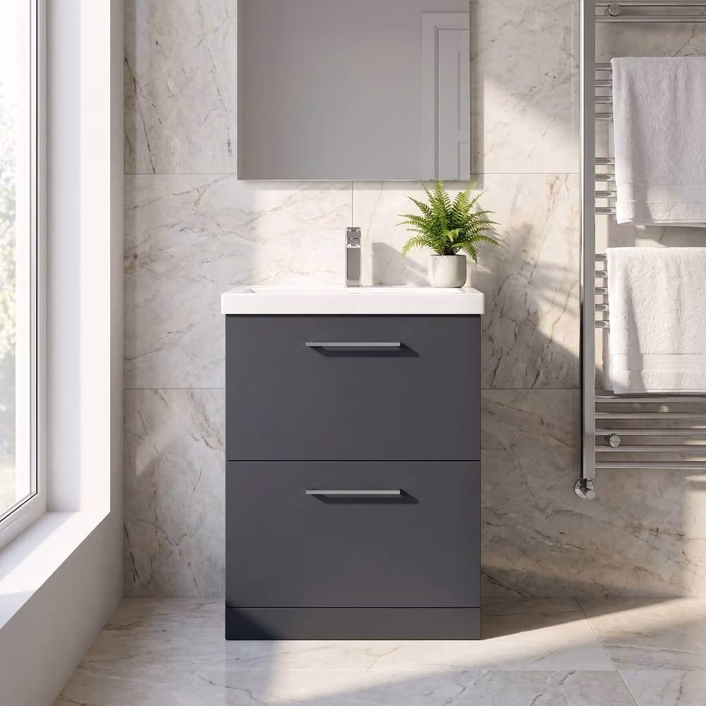 Balterley Modern 2 Drawer Floor Standing Bathroom Vanity Unit with Rectangular Mid-Edge Basin, Dark Grey, W: 61 cm, D: 39 cm, H: 84 cm – 7