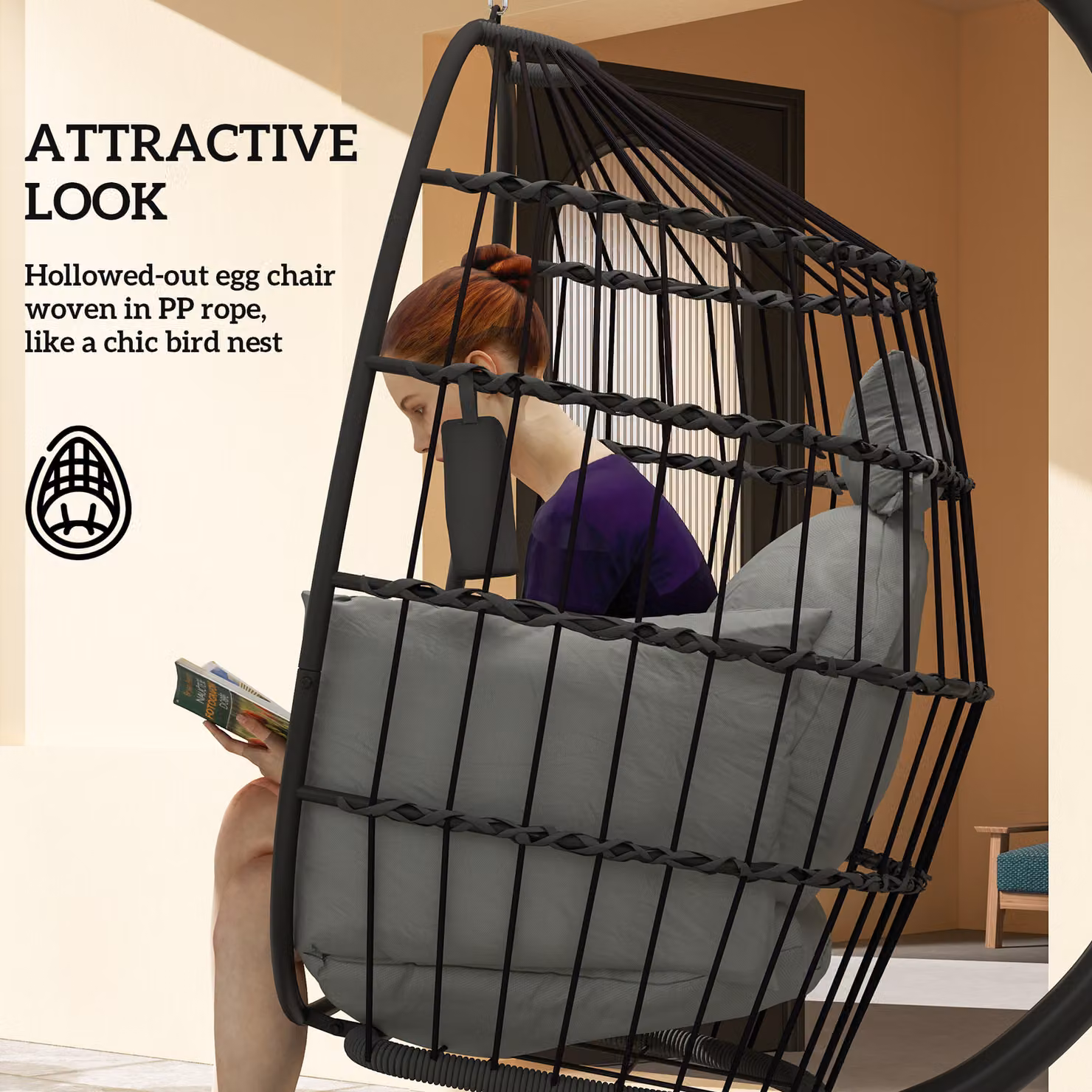 Outsunny Hanging Egg Chair with Stand and Cushions, Dark Grey Rattan Swing Chair for Indoor and Outdoor Use – 6