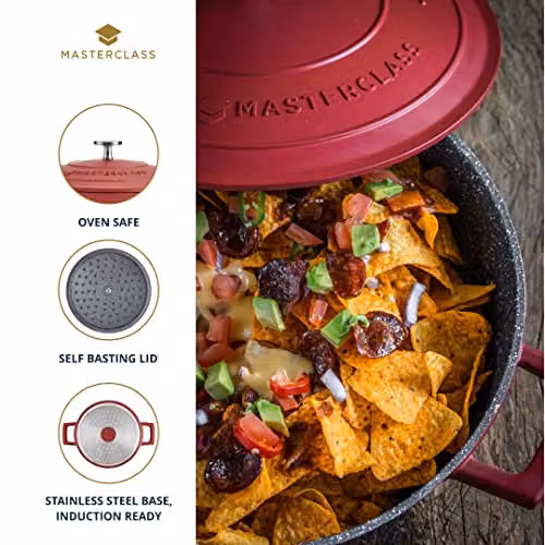 MasterClass Shallow Casserole Dish with Lid, Non-Stick Red Aluminium and Stainless Steel Casserole Pan, 4 l – 4