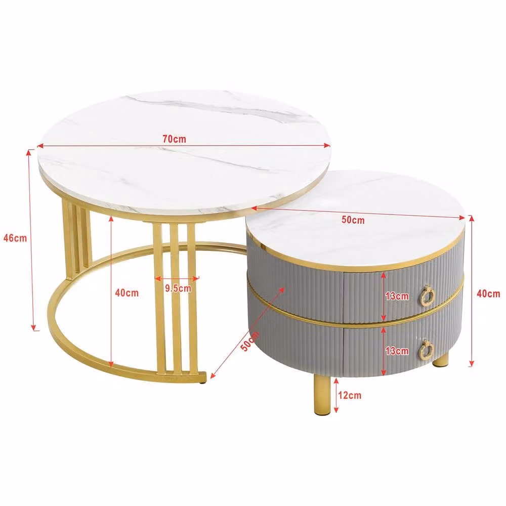 Rolipo White and Grey 2-in-1 Round Coffee Table Set with Nested Tops and Drawers – 2