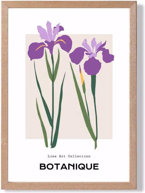 ARTZE Purple Iris Minimalist Botanical Framed Print with Oak Frame, A2