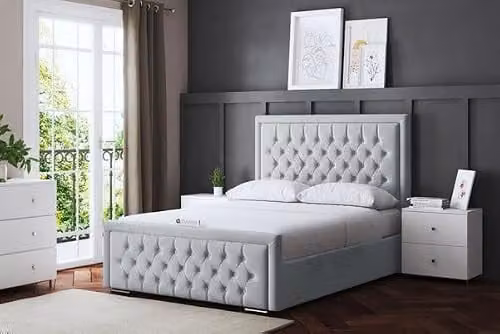 DS Living Allegra Silver Upholstered Chesterfield Ottoman Bed with Headboard, Single, W/D/H: 90 x 190 x 115 cm – 1