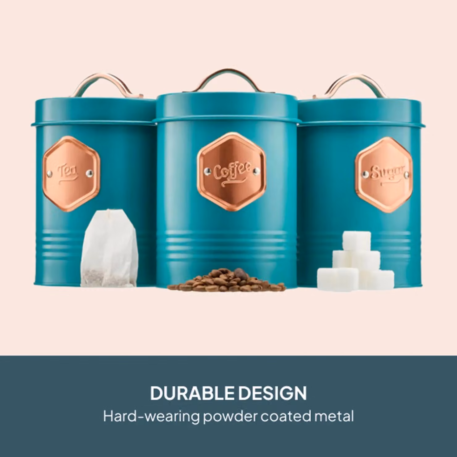 Cooks Professional 3-Piece Tea, Coffee and Sugar Canister Set in Petrol with Copper Labels and Airtight Lids – 5