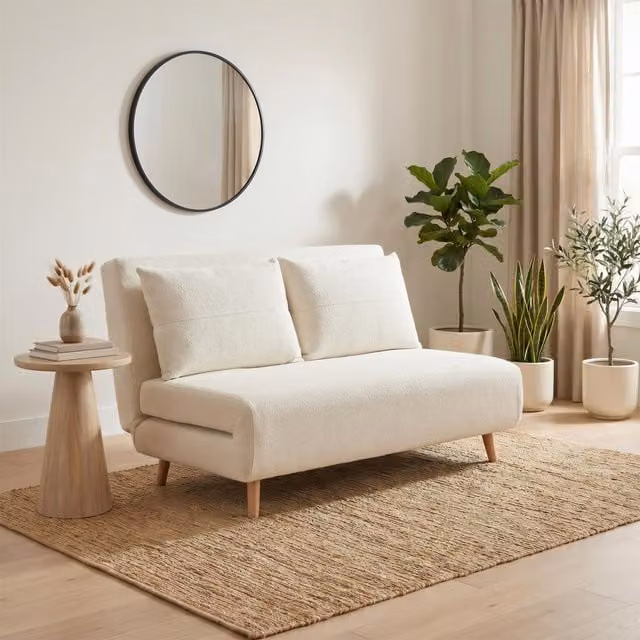 FurnitureboxUK Bobby Off-White Boucle Double Folding Sofa Bed with Solid Wood Frame