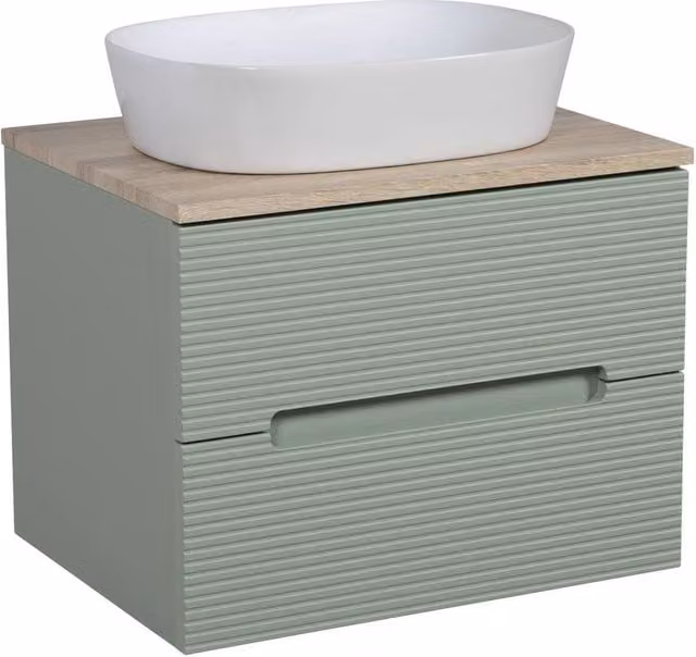 Bathroom Kingdom Monza Green and Oak Fluted Wall Hung Basin Vanity Unit with Soft Close Doors and Internal Drawers, Width: 60 cm