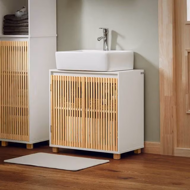 SoBuy White Under-Sink Bathroom Cabinet with Bamboo Slatted Hinged Doors