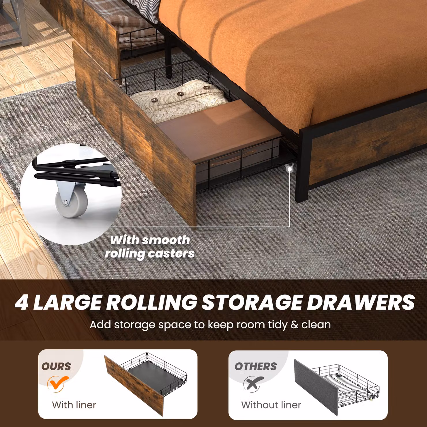 Costway Double Size Metal Bed Frame in Brown with LED Light Headboard, USB Charging Port, Bedside Shelf and 4 Storage Drawers, W/D/H: 140 x 200 cm – 7