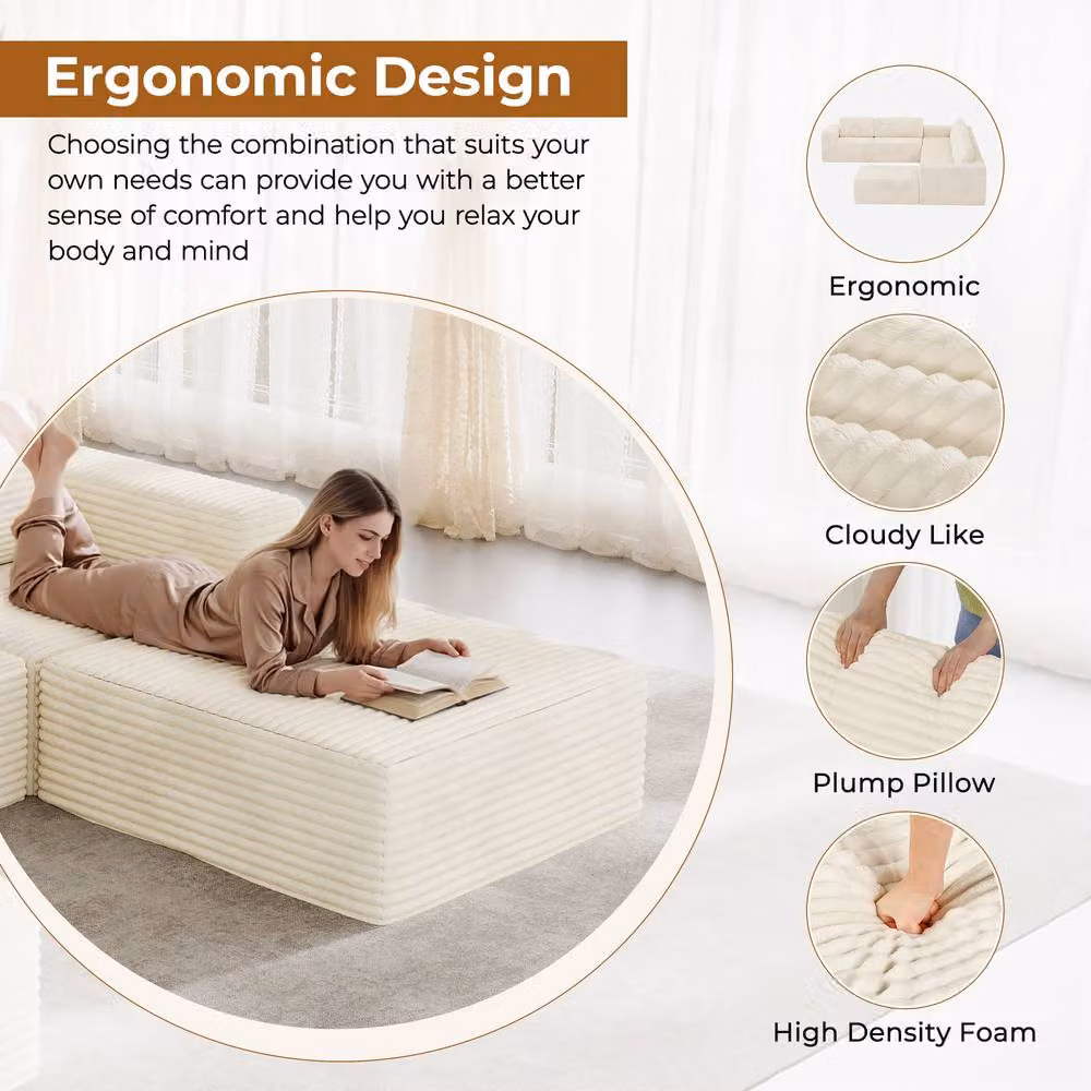 Dprodo Corduroy Modular L-Shape Loveseat Sofa in Beige with Matching Ottoman and Removable Covers, W: 202 cm, D: 101 cm, H: 82 cm – 3
