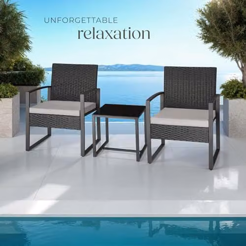 tectake 3 Piece Rattan Bistro Set with Glass Top and Metal Frame in Grey and Black – 7
