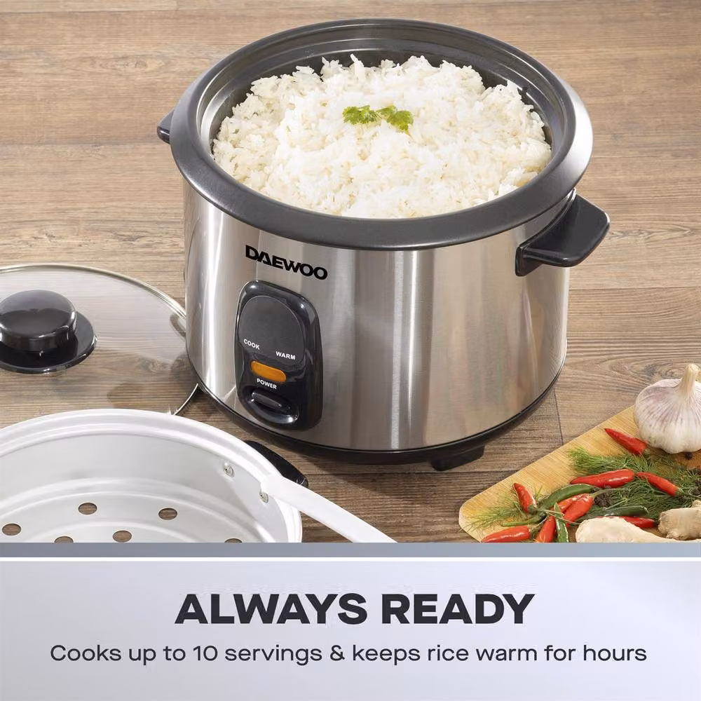 Daewoo 1.8L 10-Cup Electric Rice Cooker and Steamer with Keep Warm Function, Silver – 6