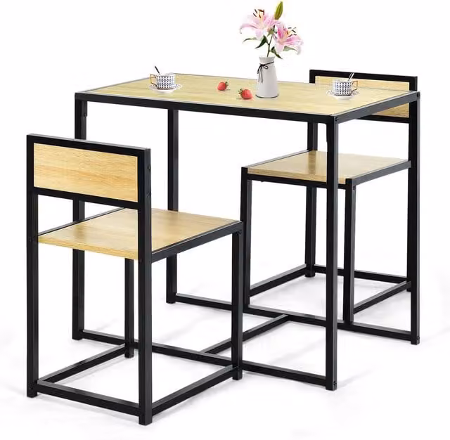 COSTWAY 3 Piece Industrial Dining Set with Square Table and Chairs in Beige, Brown and Black – 1