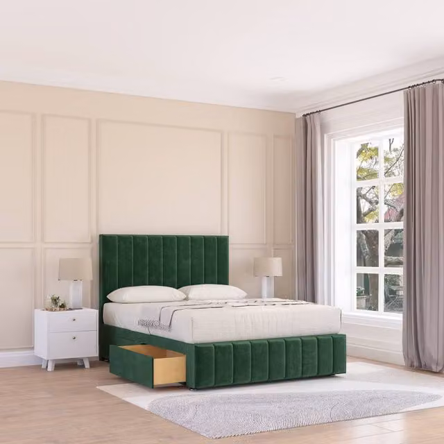 Sloomy California Divan Bed Base in Emerald Green Velvet with 4 Drawers, 12 inch Footboard and 54 inch Floor Standing Chesterfield Headboard, Size: Super King (W/D/H: 200 x 200 cm)