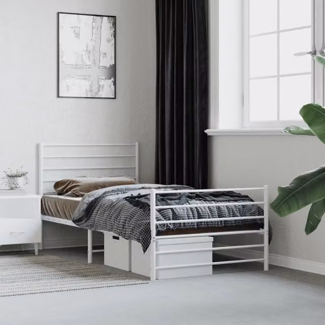 Berkfield Home Metal Bed Frame with Headboard and Footboard in White, W/D/H: 90 x 190 cm Single – 1