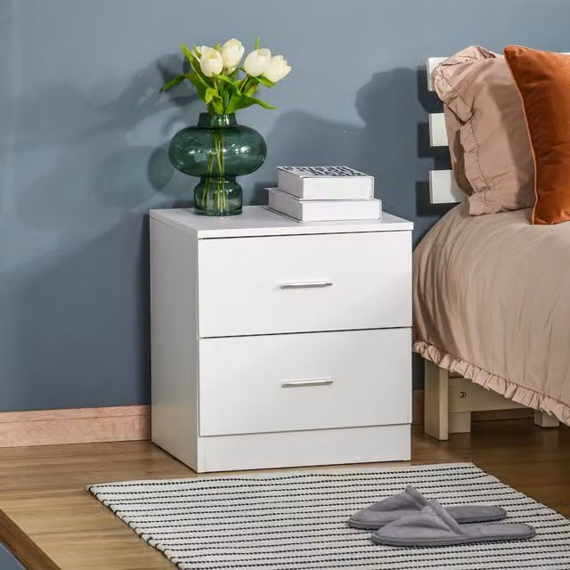 HOMCOM Modern White Bedside Table with 2 Drawers Storage
