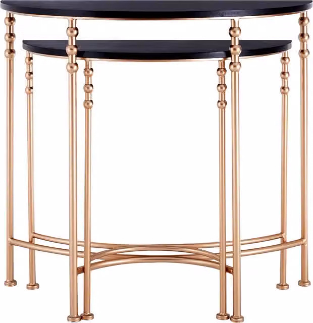 Orsina Set of Two Half Round Console Tables with Rose Gold Accents and Matte Black MDF Tops – 1