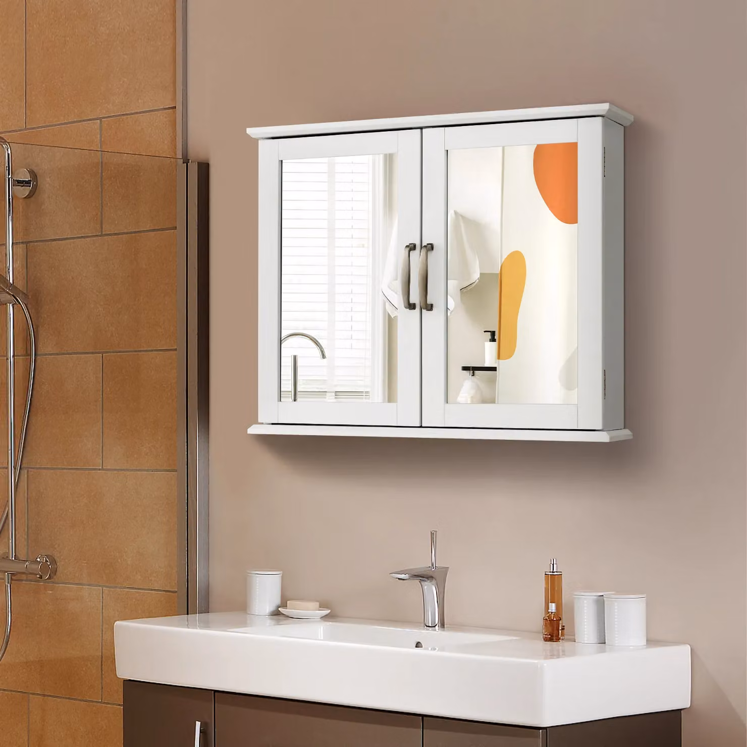 Costway White Wall Mounted Wooden Bathroom Mirror Cabinet with Hinged Glass Doors – 2