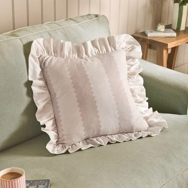 Wylder Birdie Striped Cotton Square Ruffle Cushion in Beige, W/D/H: 45 x 45 x 45 cm