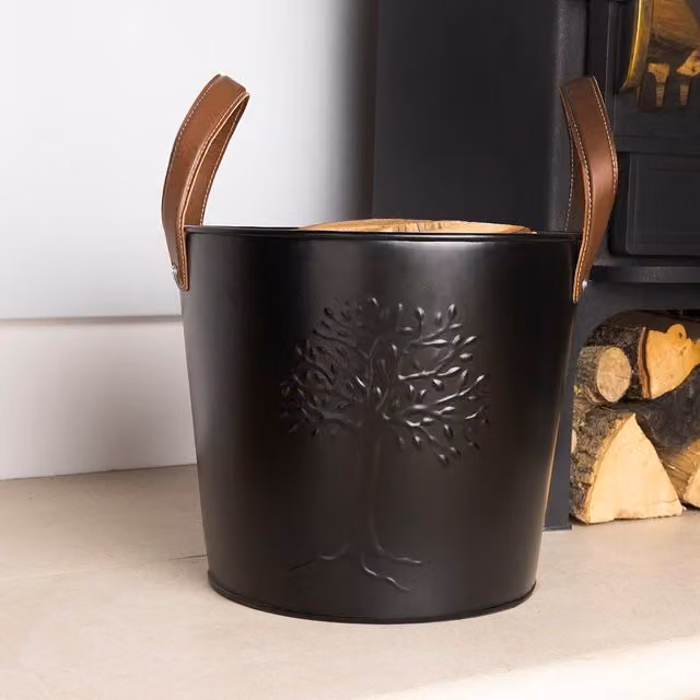 Charles Bentley Black Log Bucket with Leather Handles, W/D/H: 36 x 45 x 45 cm – 6