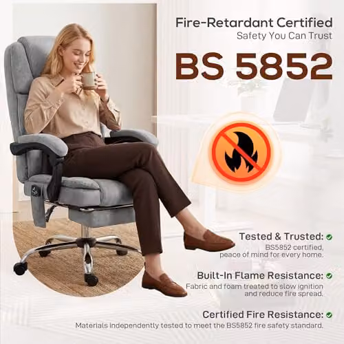 HOMCOM Grey Velvet Executive Office Chair with Vibration Massage, Heated Lumbar and Footrest, H: 120 cm, W: 75.5 cm, D: 65.5 cm – 6