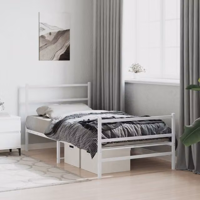 Berkfield Home Metal Bed Frame with Footboard, White, W/D/H: 100 x 200 cm – 1