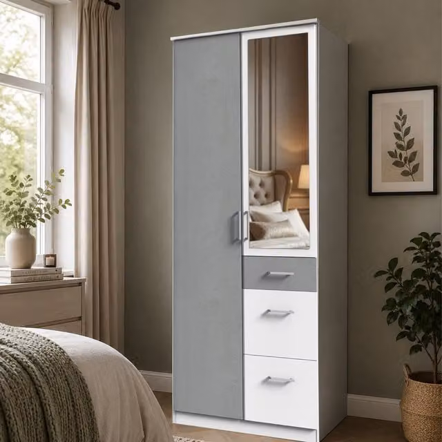 Click Modern 2 Door Wardrobe in White and Grey with Mirror, Width: 90 cm