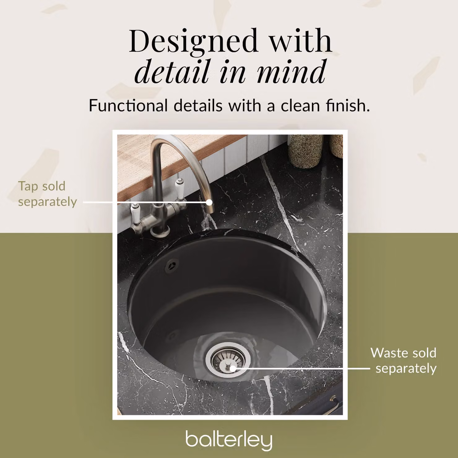 Balterley Ceramic Undermount 1 Bowl Kitchen Sink with Overflow, Dark Grey, W: 46.0 cm, D: 19.2 cm – 3