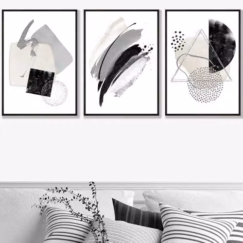 ARTZE Set of 3 Abstract Black and Grey Watercolour Shape Paper Posters, W: 42 cm, H: 59.4 cm