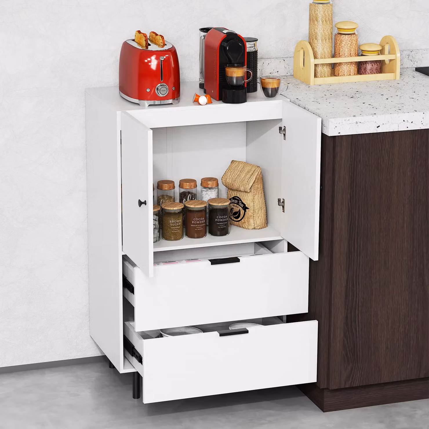 Gymax Modern White 2-Door Sideboard Buffet Cabinet with Drawers and Metal Accents – 2