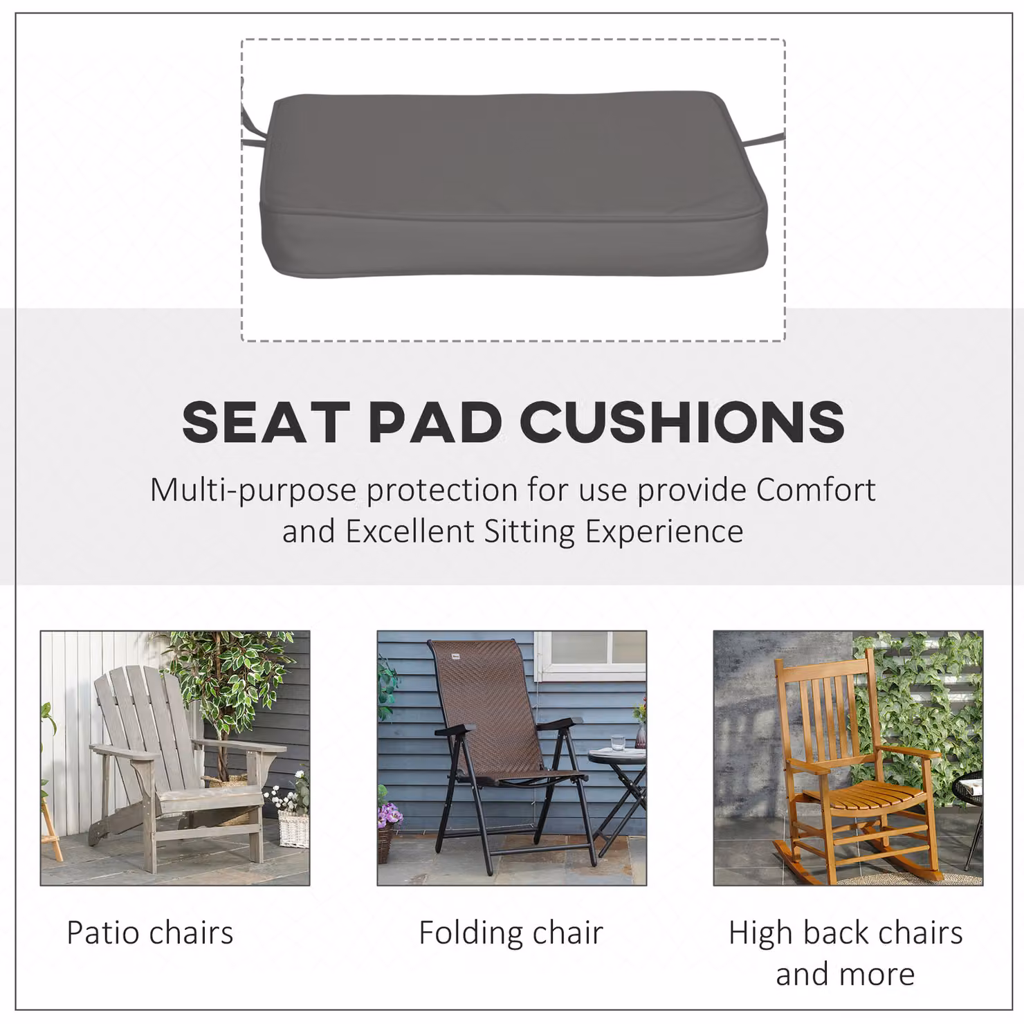 Outsunny Cosy Cushion Collection Slate Grey Plush Square Seating Pads with Removable Water Repellent Cover, W: 42 cm, D: 42 cm, H: 5 cm – 6