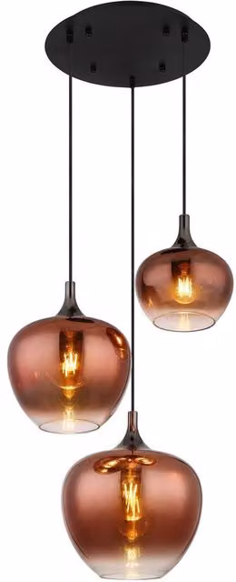Netlighting Maxy Cluster Pendant Light in Matt Black and Copper with Transparent Glass Shades, 3x E27, Height Adjustable