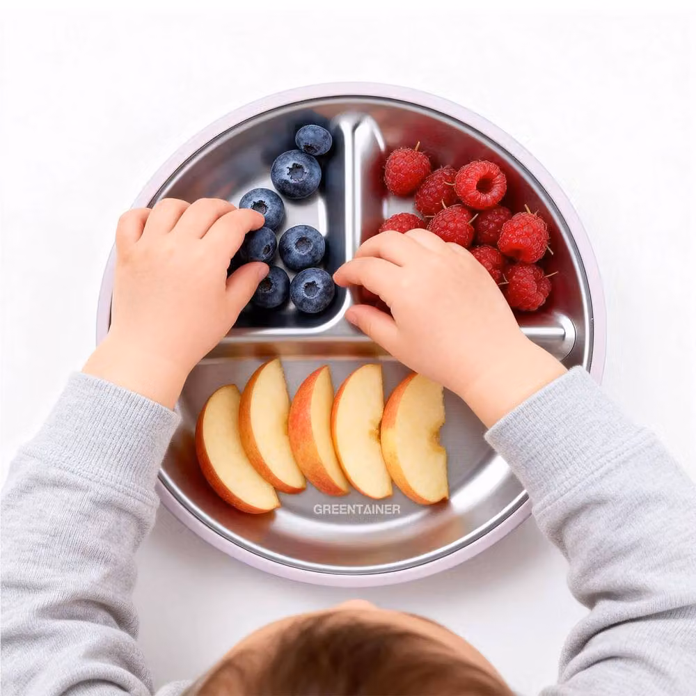 Greentainer 3-Piece Pink Stainless Steel and Silicone Divided Plate Set with Suction Base for Children – 5